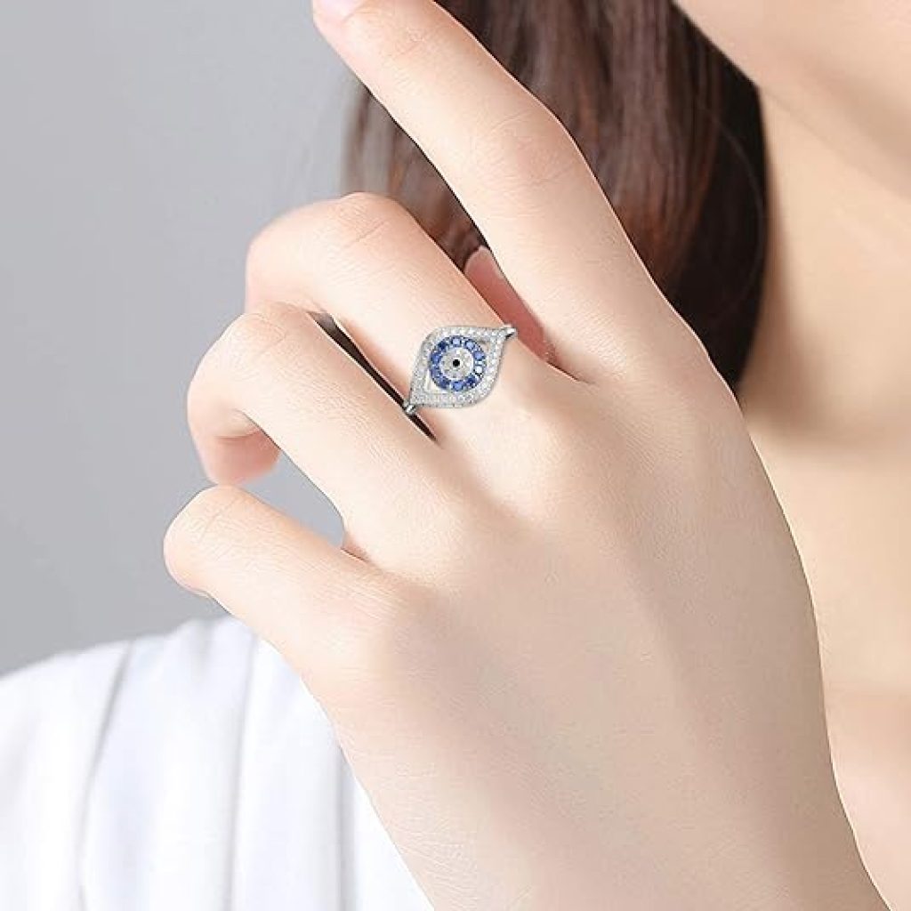Evil Eye Ring - PEIMKO 925 Sterling Silver Turkish Rings for Women, Cubic Zirconia Signet, Protective Jewelry, Lucky Gift for Mother's Day, Sizes 5-12