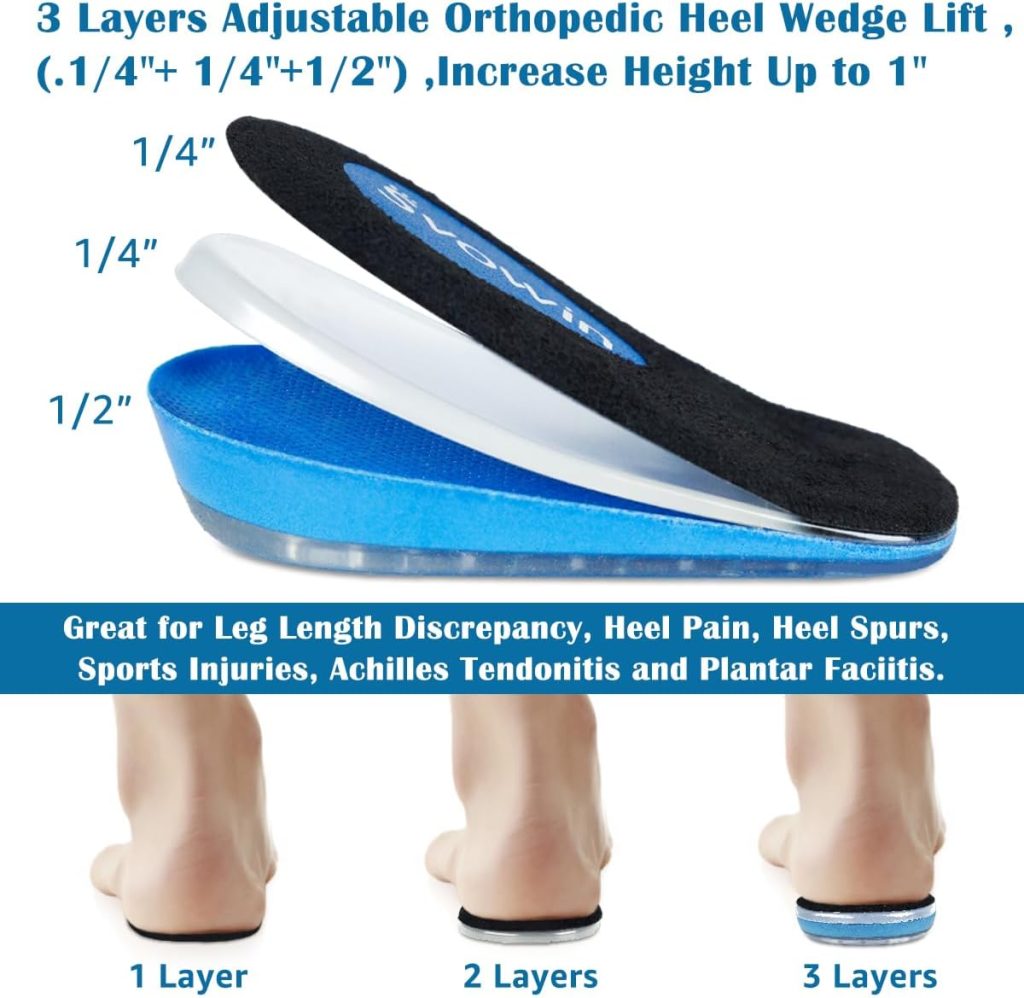 Heel Wedges - 3 Layer Adjustable Lift for Leg Length Discrepancies, Height Increase Insoles, Gel Cushions for Heel Pain and Achilles Tendonitis (Large)
