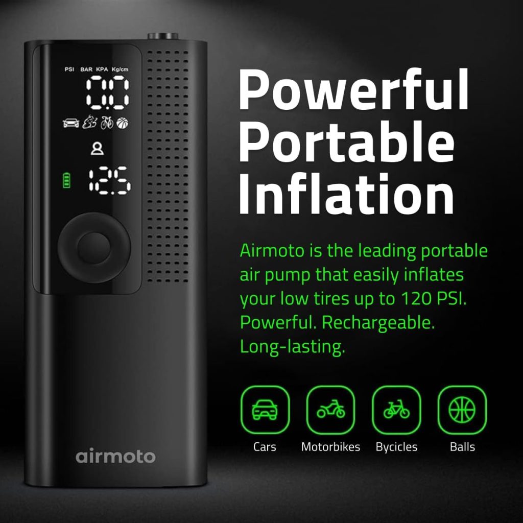 Gas Air Compressor - Airmoto Portable Tire Inflator with Digital Pressure Gauge, LED Light, and Auto Shut-Off, Cordless Pump for Car, Motorcycle, Bicycle, and Sports Balls
