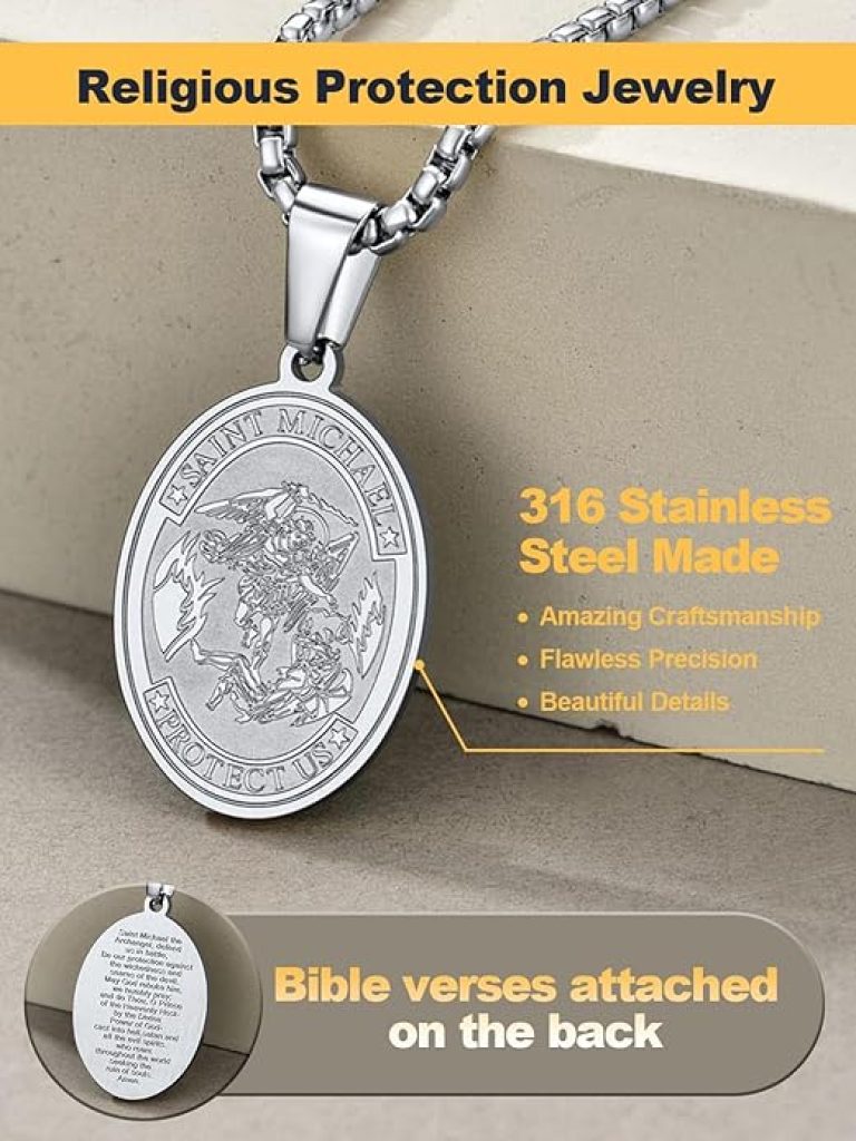 St Michael Pendant Necklace - U7 Saint Benedict Medal in 316L Stainless Steel, Virgin Mary Design for Men and Women, Adjustable 22"-24" Catholic Jewelry with Bible Verse Protection