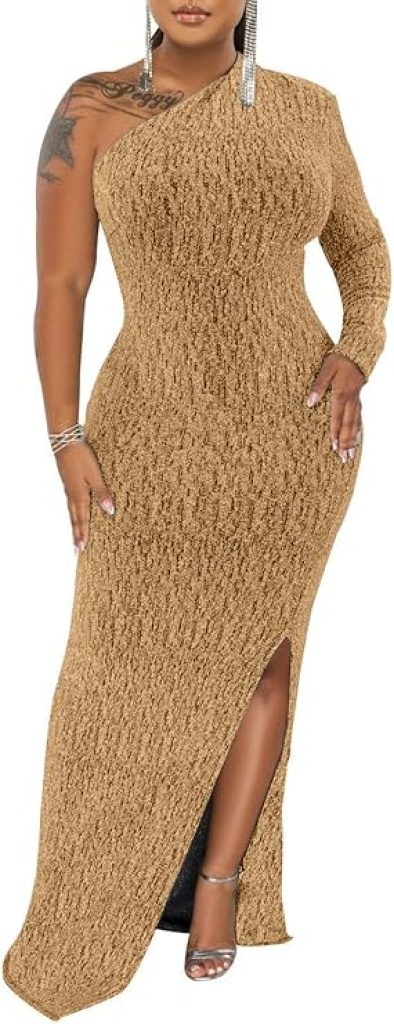 Gold Gown for Prom ：Elegant Sparkly One Shoulder Evening Dress with High Split