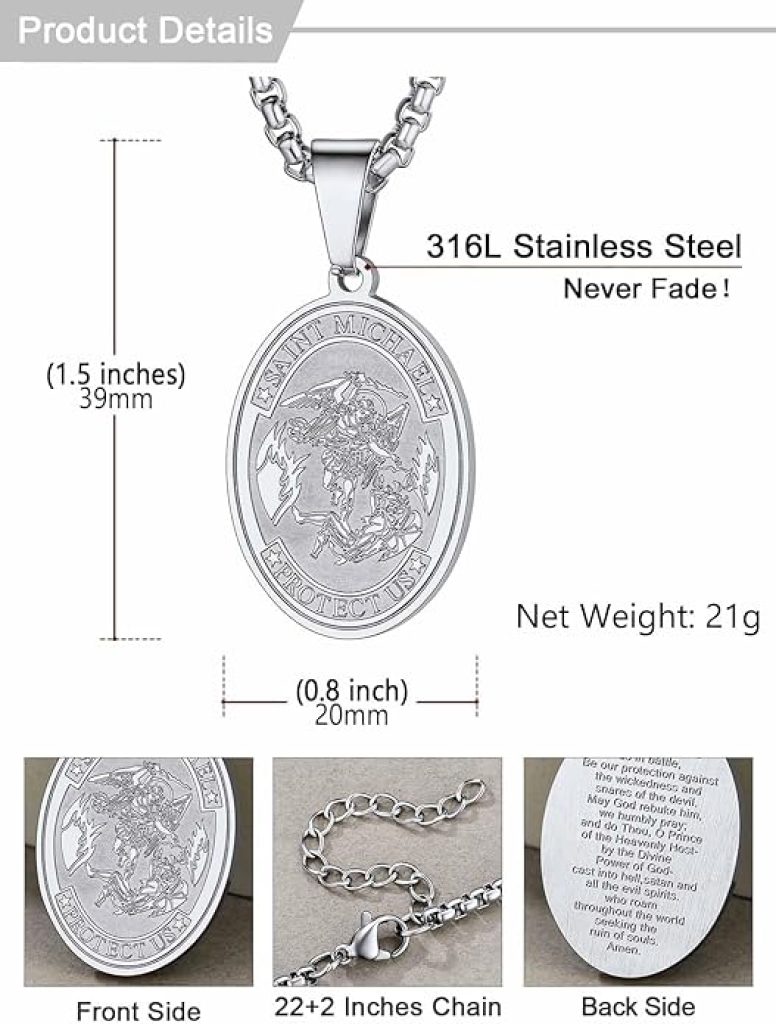 St Michael Pendant Necklace - U7 Saint Benedict Medal in 316L Stainless Steel, Virgin Mary Design for Men and Women, Adjustable 22"-24" Catholic Jewelry with Bible Verse Protection