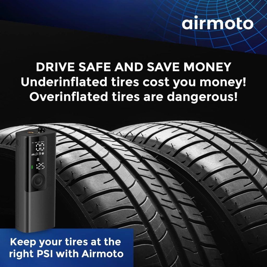 Gas Air Compressor - Airmoto Portable Tire Inflator with Digital Pressure Gauge, LED Light, and Auto Shut-Off, Cordless Pump for Car, Motorcycle, Bicycle, and Sports Balls