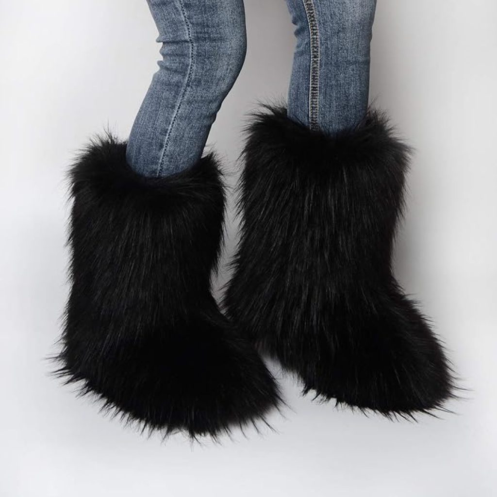 Black Fur Boots - Gegefur Women's Faux Fur Short Snow Boots, Furry Mid-Calf, Warm and Comfortable Outdoor Flat Shoes