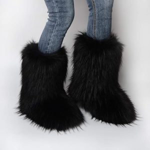 Black Fur Boots – Gegefur Women’s Faux Fur Short Snow Boots, Furry Mid-Calf, Warm and Comfortable Outdoor Flat Shoes
