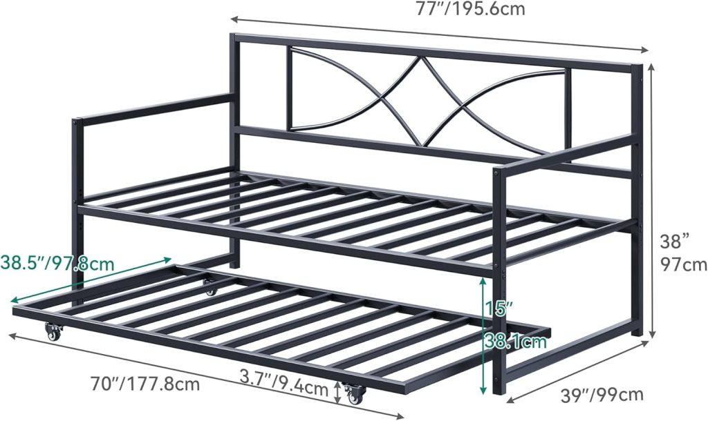 Bunk Bed with Trundle - YITAHOME Twin Daybed featuring Pull Out Trundle, Adjustable Height Metal Frame, Steel Slat Support for Guest Room, Twin Size, Black