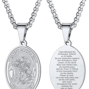 St Michael Pendant Necklace – U7 Saint Benedict Medal in 316L Stainless Steel, Virgin Mary Design for Men and Women, Adjustable 22″-24″ Catholic Jewelry with Bible Verse Protection
