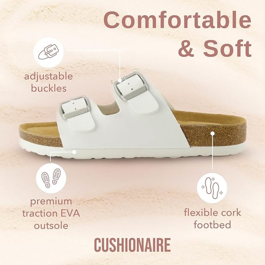 White Sandals - CUSHIONAIRE Lane Cork Footbed, Comfortable Women's Slip-On with Double Buckle and Suede Arch Support
