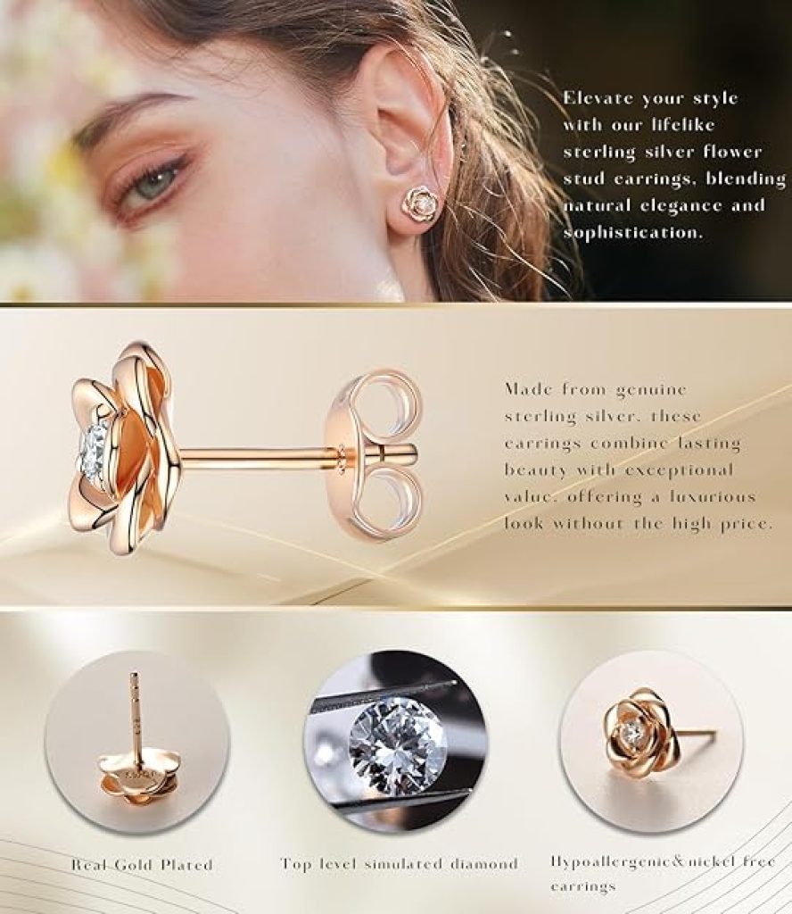 Flower Earrings: Gold Plated Sterling Silver Rose Studs - Hypoallergenic & Nickel-Free Jewelry for Women