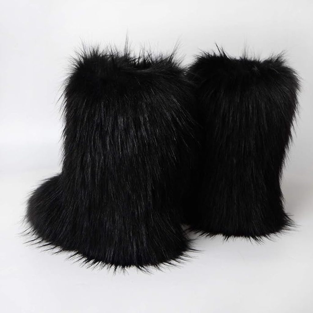 Black Fur Boots - Gegefur Women's Faux Fur Short Snow Boots, Furry Mid-Calf, Warm and Comfortable Outdoor Flat Shoes