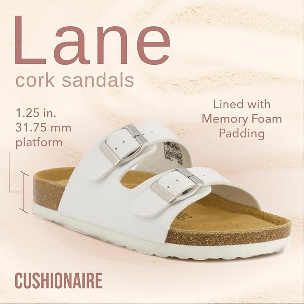 White Sandals - CUSHIONAIRE Lane Cork Footbed, Comfortable Women's Slip-On with Double Buckle and Suede Arch Support
