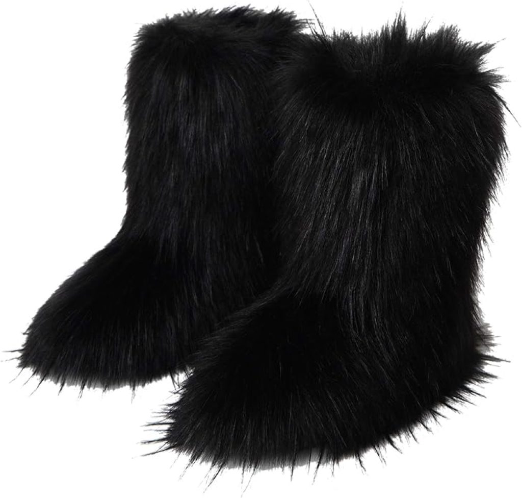 Black Fur Boots - Gegefur Women's Faux Fur Short Snow Boots, Furry Mid-Calf, Warm and Comfortable Outdoor Flat Shoes