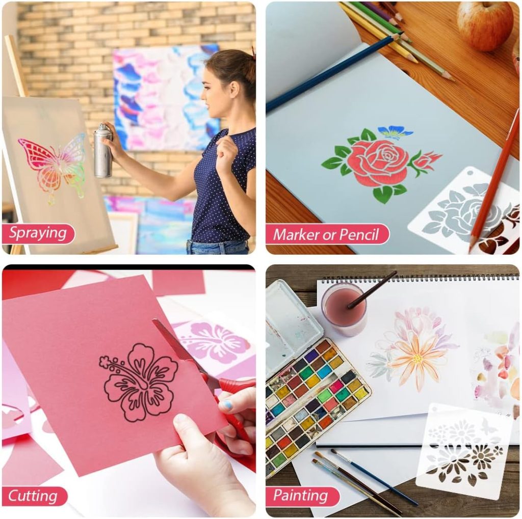 Flower Stencil Set - 50 Reusable Designs for Painting on Wood, Rocks, Canvas, Fabric, Glass, and Pottery, 4x4 Inch