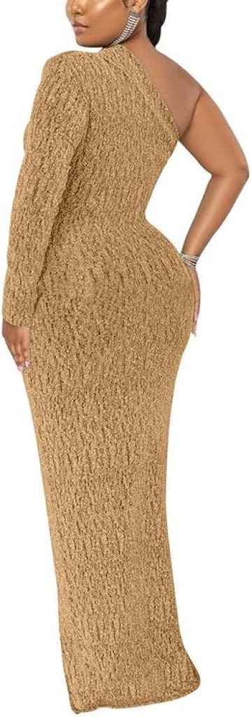 Gold Gown for Prom ：Elegant Sparkly One Shoulder Evening Dress with High Split