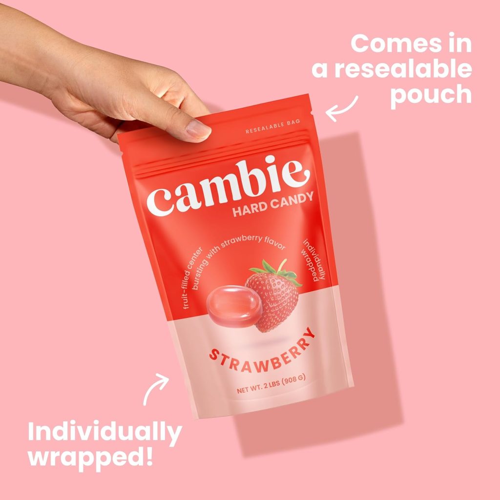 Strawberry Hard Candy: Cambie 2 lbs Bulk Candy with Fruit-Filled Center – Individually Wrapped Bon Bons for Piñata Filler, Candy Bags, and Party Favors