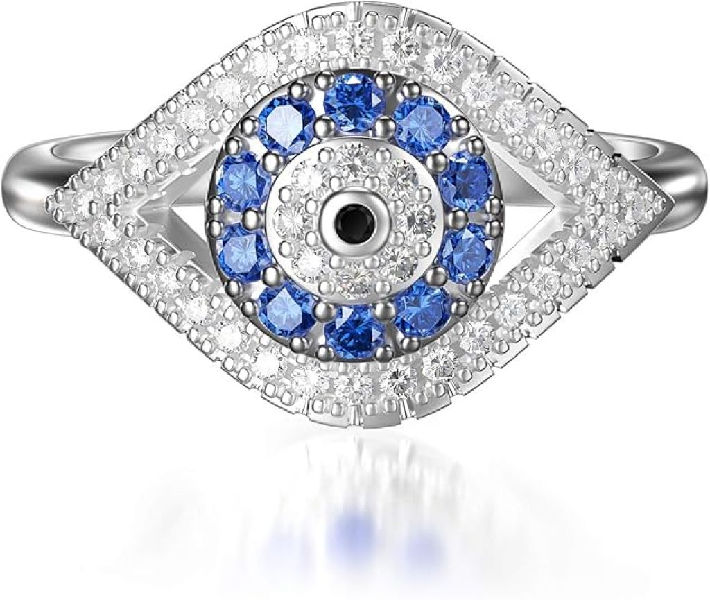 Evil Eye Ring - PEIMKO 925 Sterling Silver Turkish Rings for Women, Cubic Zirconia Signet, Protective Jewelry, Lucky Gift for Mother's Day, Sizes 5-12