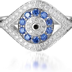 Evil Eye Ring – PEIMKO 925 Sterling Silver Turkish Rings for Women, Cubic Zirconia Signet, Protective Jewelry, Lucky Gift for Mother’s Day, Sizes 5-12