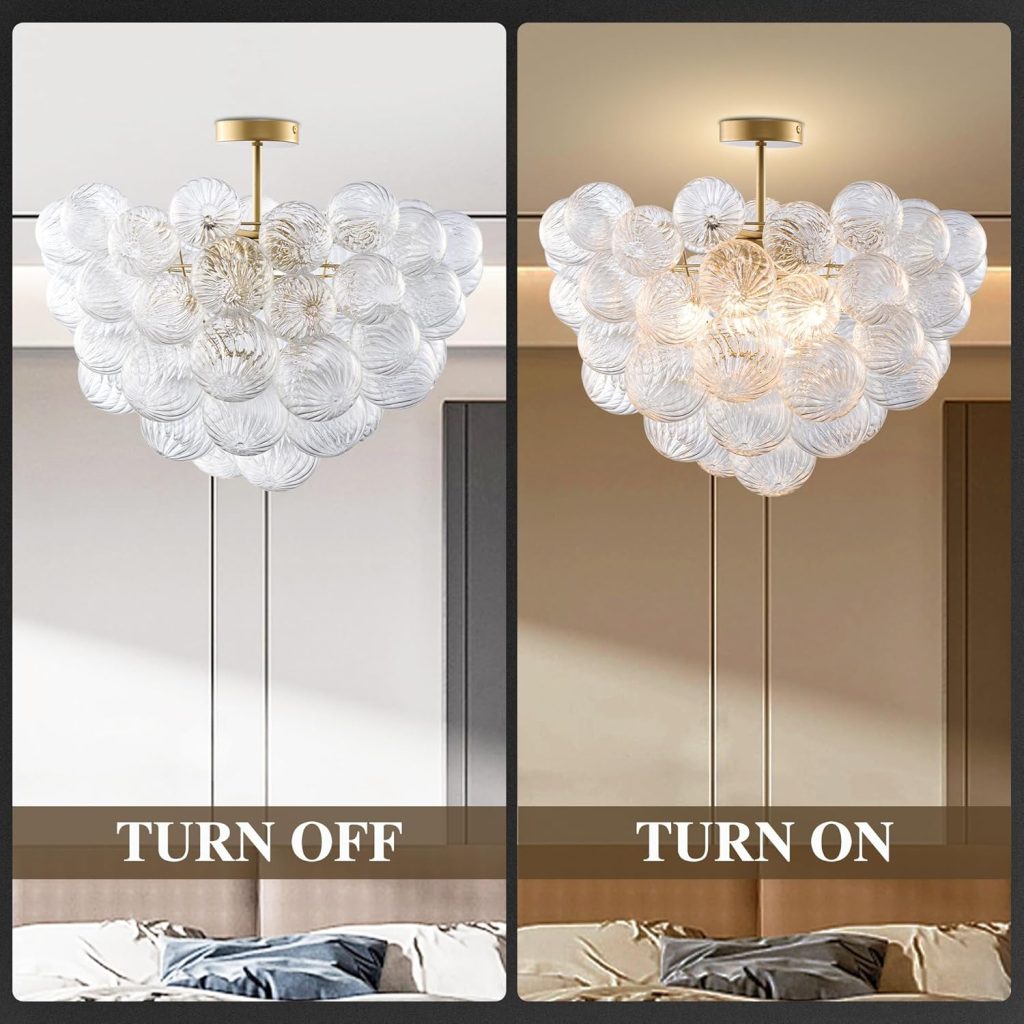 Bubble Chandelier - Semi Flush Mount Ceiling Light with 20 Inch Gold Clear Ribbed Blown Glass, Ideal for Bedroom, Living Room, Entry, and Bathroom