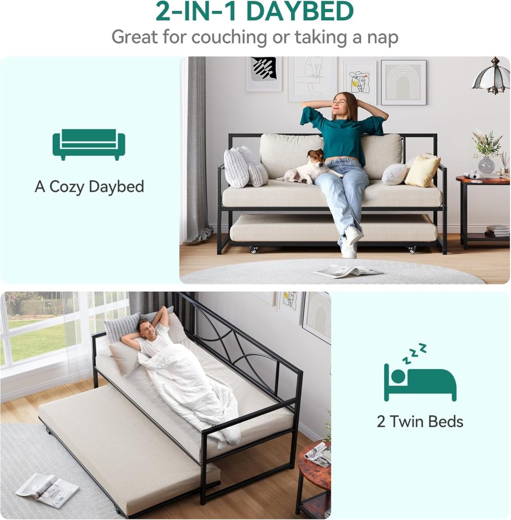 Bunk Bed with Trundle - YITAHOME Twin Daybed featuring Pull Out Trundle, Adjustable Height Metal Frame, Steel Slat Support for Guest Room, Twin Size, Black