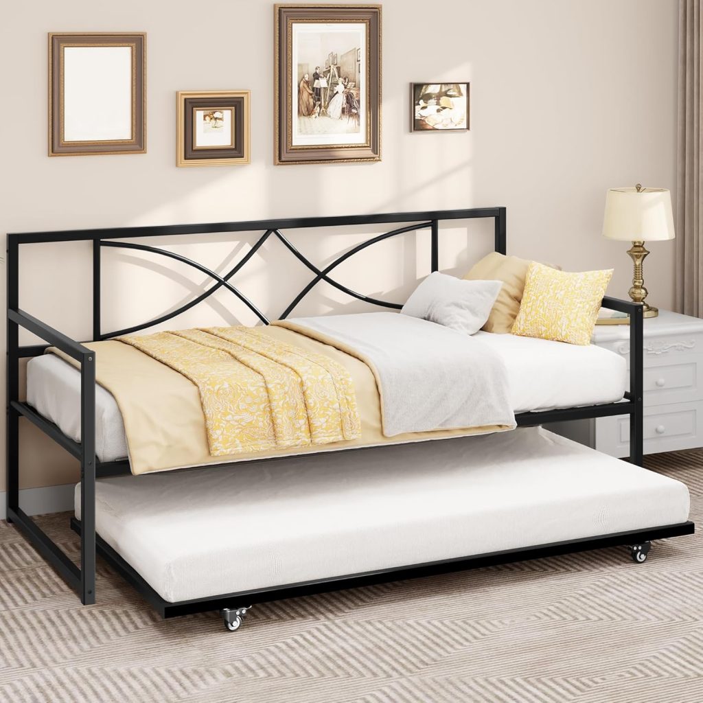 Bunk Bed with Trundle - YITAHOME Twin Daybed featuring Pull Out Trundle, Adjustable Height Metal Frame, Steel Slat Support for Guest Room, Twin Size, Black