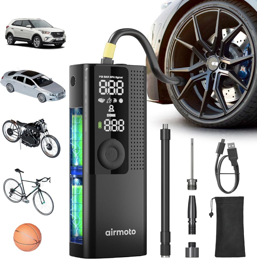 Gas Air Compressor - Airmoto Portable Tire Inflator with Digital Pressure Gauge, LED Light, and Auto Shut-Off, Cordless Pump for Car, Motorcycle, Bicycle, and Sports Balls