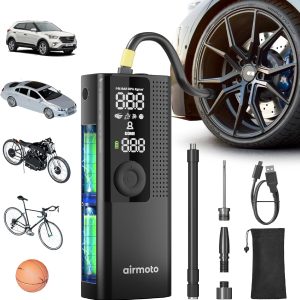 Gas Air Compressor – Airmoto Portable Tire Inflator with Digital Pressure Gauge, LED Light, and Auto Shut-Off, Cordless Pump for Car, Motorcycle, Bicycle, and Sports Balls