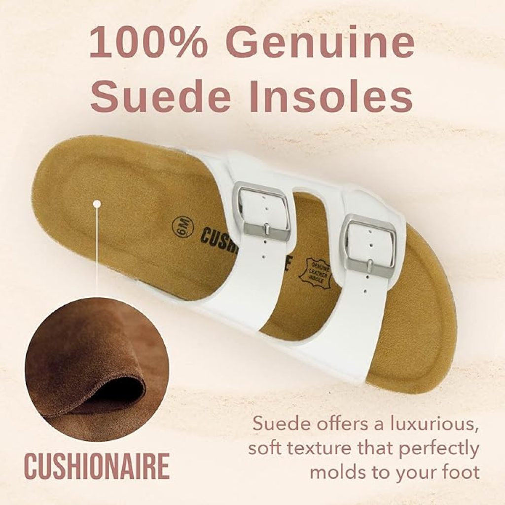 White Sandals - CUSHIONAIRE Lane Cork Footbed, Comfortable Women's Slip-On with Double Buckle and Suede Arch Support