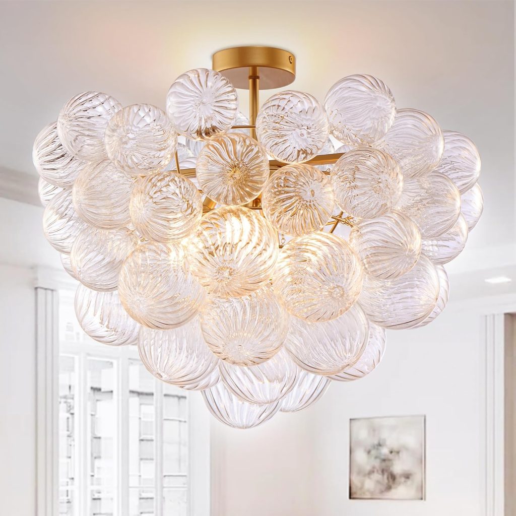 Bubble Chandelier - Semi Flush Mount Ceiling Light with 20 Inch Gold Clear Ribbed Blown Glass, Ideal for Bedroom, Living Room, Entry, and Bathroom