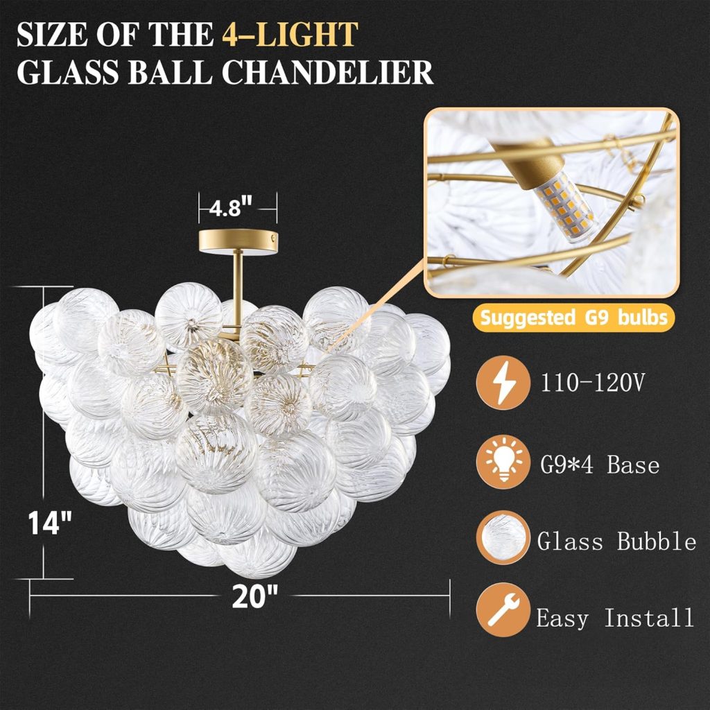 Bubble Chandelier - Semi Flush Mount Ceiling Light with 20 Inch Gold Clear Ribbed Blown Glass, Ideal for Bedroom, Living Room, Entry, and Bathroom