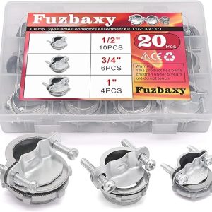 Romex Connector: 20PCS Assortment Kit of 1/2″, 3/4″, and 1” Clamp Type Cable Connectors in Silver Zinc