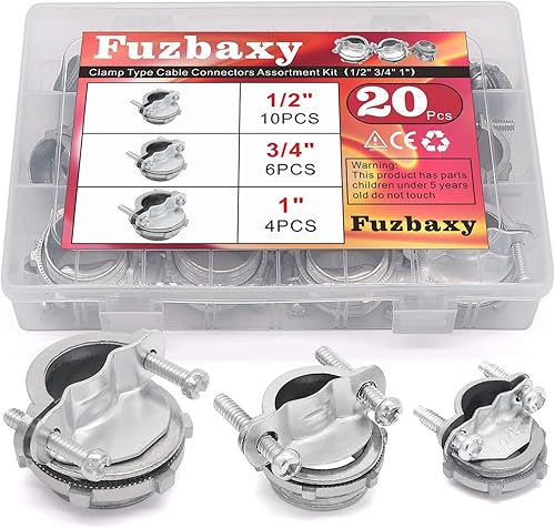 Romex Connector: 20PCS Assortment Kit of 1/2", 3/4", and 1” Clamp Type Cable Connectors in Silver Zinc