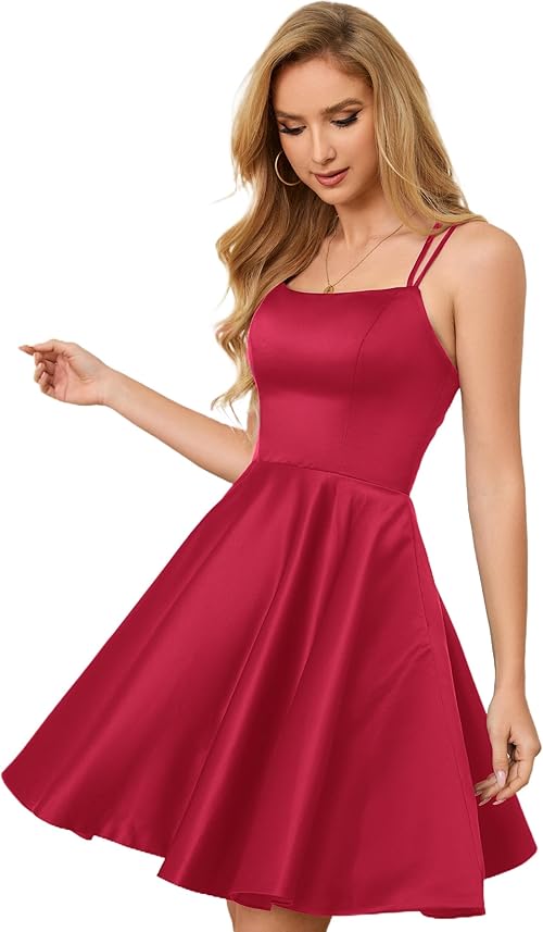 Red Homecoming Dresses: Knee-Length Spaghetti Strap Satin Backless Prom Dress for Teens with Pockets