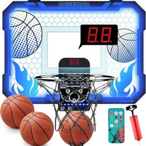 Spalding Basketball Hoop: Indoor Mini Basketball Hoop for Kids with 7 Color LED Lights and Remote Control – Over the Door Design with Scoreboard for Ages 4-12