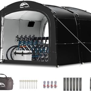 2 Story Shed: Happy Travel Bike Storage Tent – Outdoor 8×7×6.3ft Portable Shed with Double Doors and Mesh for Lawn Mower, Bicycle, and Garden Tools