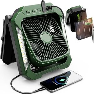 Solar Powered Fan: 26800mAh Portable Rechargeable Fan with 18W Detachable Solar Panel – Quiet Battery-Powered Camping Fan with LED Lantern, 3 Speeds, Timer, and USB-C (Green)