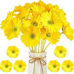 Yellow Daisy: WILLBOND 18-Piece Artificial Gerbera Daisy Bouquet – Faux Boho Flowers for Birthday Decorations, Weddings, and Home Decor (15 in)