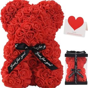 Rose Bear: LINKLO 10-Inch Artificial Rose Teddy Bear – Perfect Gift for Weddings, Mother’s Day, and Anniversaries in a Transparent Gift Box (Red)