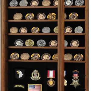 Challenge Coin Display Case: Jinchuan Lockable Cabinet Rack for Military Coins – Extra Large Walnut Shadow Box with Removable Shelves and Anti-Fade Acrylic Glass Door for Collectibles