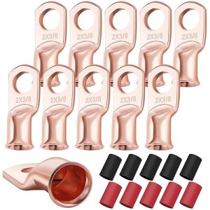 2 Terminals: XHF 10PCS Heavy Duty 2 AWG-3/8 Battery Lugs with 3:1 Heat Shrink Tubing – Copper Eyelets for Electrical Battery Connections