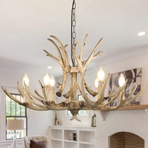 Antler Chandelier: Natural 31.4″ Dimmable Resin Light Fixture with 6 Lights – Farmhouse Style for Bedroom & Living Room