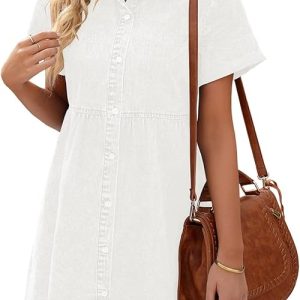 White Denim Dress: LookbookStore Women’s Short Sleeve Button Down Flowy Tiered Babydoll Style