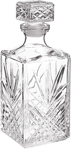 Whiskey Bottle Decanter: Bormioli Rocco Selecta 33.75oz Diamond Design with Starburst Detailing for Bourbon and Scotch