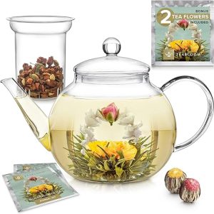 Glass Teapot: Teabloom Stovetop & Microwave Safe with Removable Loose Tea Infuser – Includes 2 Blooming Teas – 2-in-1 Tea Kettle and Maker for Tea Purists