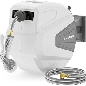 Best Hose Reel: Ayleid Retractable Garden Hose Reel – 1/2 in x 100 ft Wall Mounted with 9-Function Sprayer Nozzle and 180° Swivel Bracket (Grey)
