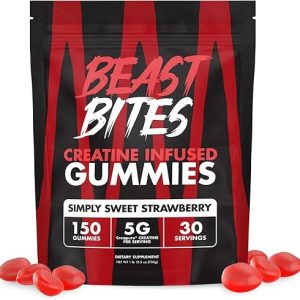 Beast Bites: Creatine Gummies with 5g Creatine Monohydrate per Serving – Low-Calorie, Vegan, Strawberry Flavor, Made in the USA – 30 Servings