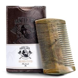 Beard Comb: Handmade Sandalwood Comb for Men – Premium Wooden Beard & Mustache Grooming Tool with Fine & Wide Tooth, Travel Pocket Size, Includes PU Leather Case by Hunter Jack