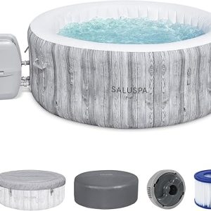 4 Person Hot Tub: Bestway SaluSpa Fiji AirJet Inflatable Spa – Large Round Portable Outdoor Tub with 120 AirJets and EnergySense Cover in Grey