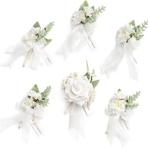 Boutonniere Boutonniere: Ling’s Moment 6-Piece Set for Men – Artificial Flowers for Weddings, Prom, and Homecoming Decor in Snow White