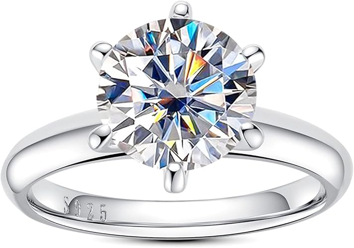 Gra Moissanite Ring: 0.5/1/1.5/2/2.5/3CT Round Brilliant Cut Six Prong Solitaire in Gold Plated 925 Sterling Silver | Engagement and Wedding Promise Rings for Women with Certificate