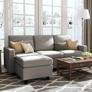 Sectional Sofa HONBAY: Convertible L-Shaped Couch with Linen Fabric | Reversible Design for Small Spaces in Light Grey